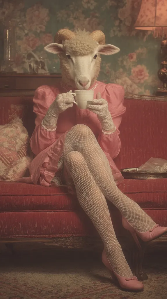 A sheep's head sits atop a woman's body, elegantly dressed in a pink dress and fishnet stockings.  She sits on a crimson velvet couch, delicately holding a teacup. The setting is vintage, with floral wallpaper and a dimly lit lamp. The overall aesthetic is surreal and slightly whimsical.