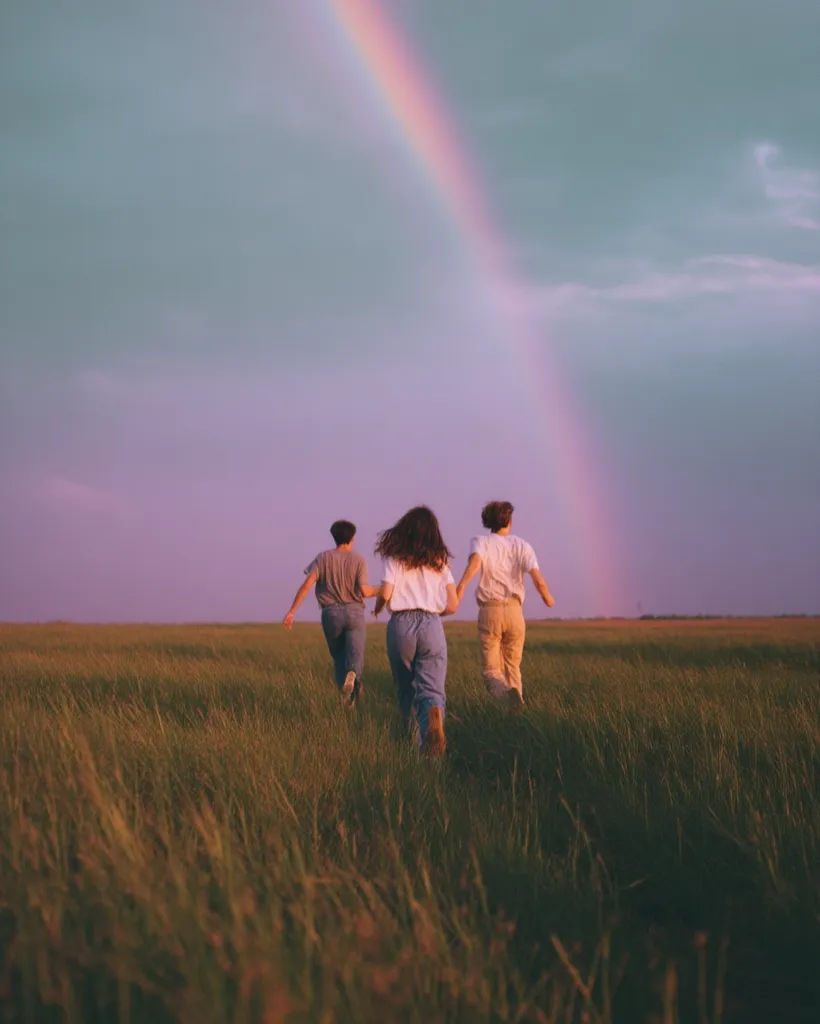 Three friends run through a tall grass field towards a vibrant rainbow arcing across a pastel sunset sky.  The image evokes a feeling of freedom, joy, and youthful adventure. Their backs are to the camera, emphasizing their shared journey and the breathtaking natural beauty surrounding them. The scene is peaceful and idyllic.