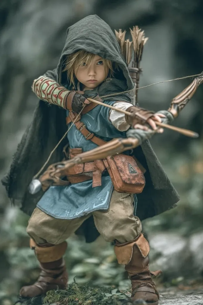 A young child, meticulously costumed as Link from the Legend of Zelda video game series, stands poised with a bow and arrow.  The detailed cosplay includes a hooded tunic, leather-bound quiver, and weathered boots.  The child's serious expression and focused gaze enhance the immersive quality of the image, set against a blurred background of a verdant forest.  The overall scene is evocative of the game's fantasy setting.