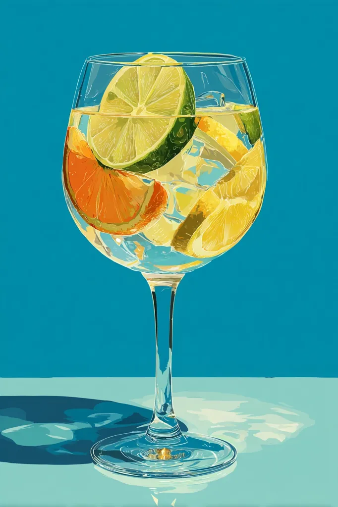 A stemmed glass filled with a refreshing citrus cocktail is depicted against a vibrant turquoise backdrop.  Slices of lime, orange, and lemon are submerged in the icy drink, their bright colors contrasting beautifully with the clear liquid and the cool background. The glass casts a shadow on the light teal surface below, adding depth to the image. The overall style is clean and vibrant, suggesting a summery and refreshing mood.