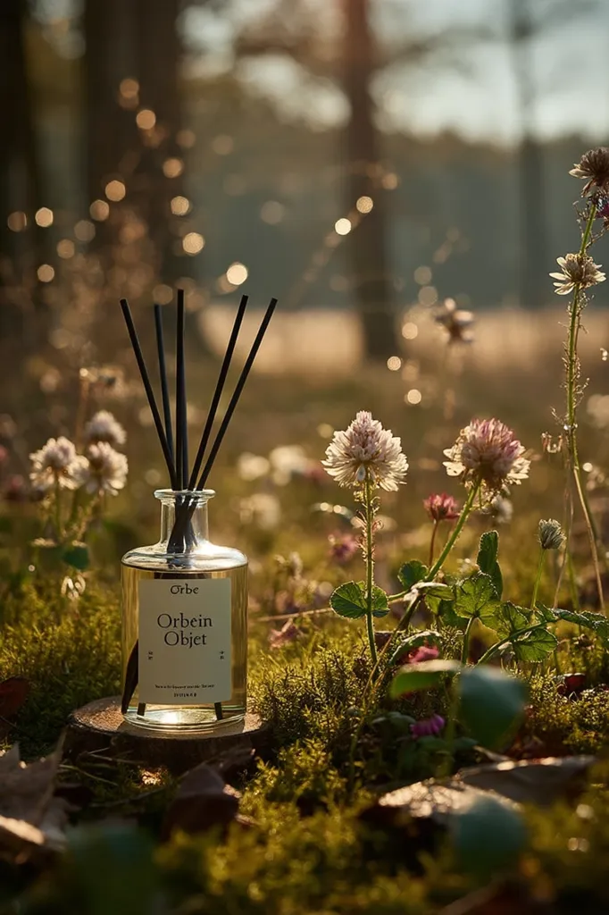 A glass bottle of Orbe Orbein Objet reed diffuser sits amongst clover and wildflowers in a sun-dappled forest setting.  The black reeds extend from the bottle's neck.  The scene is peaceful and evokes a sense of natural calm.  Soft light filters through the trees, creating a warm and inviting atmosphere. The bottle's label is visible, featuring the brand name and product description.