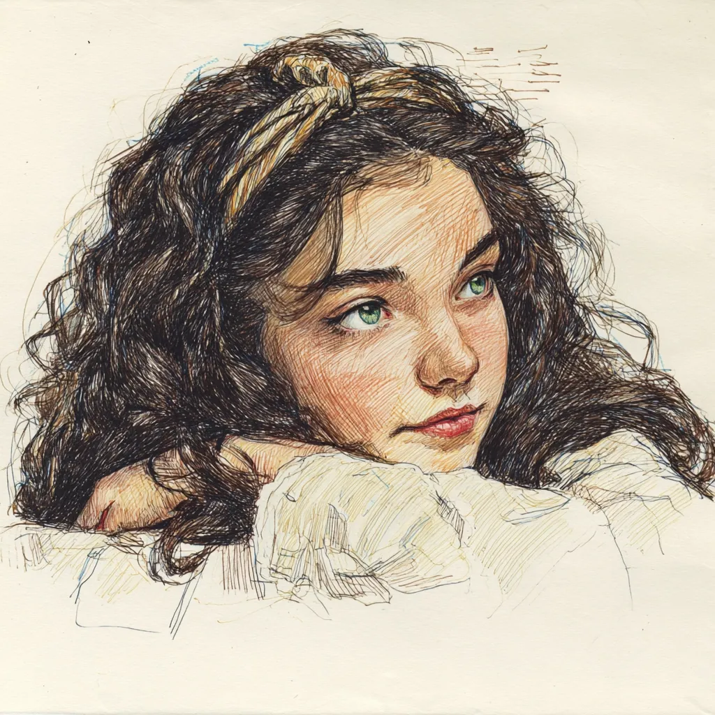 A detailed pen-and-ink drawing depicts a young girl with long, dark, curly hair.  She wears a light-colored headband tied in a knot atop her head and rests her chin on her hands, her gaze directed slightly away.  The style is realistic, emphasizing fine lines and shading to create texture in her hair and skin.  Her expression is pensive and calm.