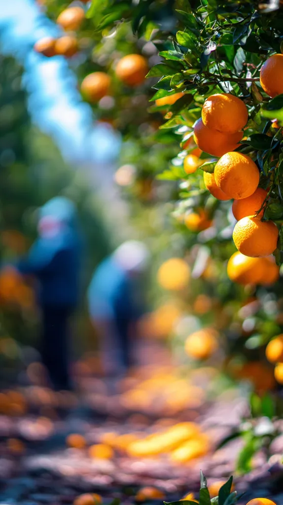 Ripe oranges hang heavy on branches in a vibrant citrus grove.  Sunlight filters through the leaves, illuminating the juicy fruit.  Blurred figures in the background suggest workers harvesting the abundant crop.  Fallen oranges on the ground add to the scene's richness and abundance, creating a picturesque view of an orange orchard.