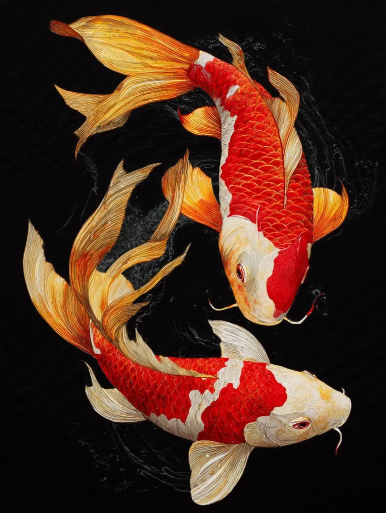 A detailed artwork depicts two Koi fish, vibrant red and white with flowing orange fins, swimming in a dynamic pose against a black background.  The intricate detailing emphasizes the scales and fins, creating a sense of movement and fluidity. The black backdrop provides a striking contrast to the fish's bright colors.  The style suggests a meticulously crafted piece, possibly embroidery or painting.