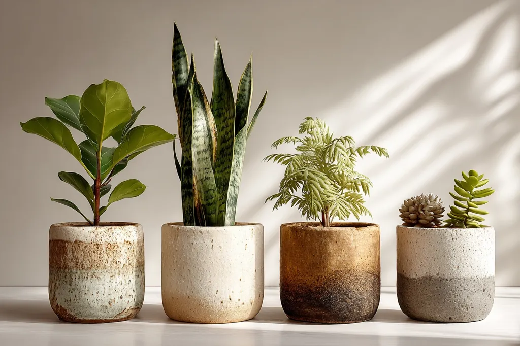 Four potted plants sit in a row on a white surface.  From left to right: a ficus, a snake plant, a fern-like plant, and a succulent arrangement. Each plant is in a unique, textured ceramic pot with a subtle ombre effect in shades of white, beige, and grey.  The scene is minimalist and bathed in soft, natural light.