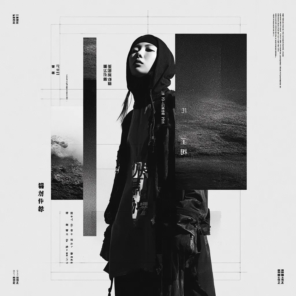 A monochromatic fashion editorial features a model in a hooded, deconstructed, dark-colored outfit. The image incorporates graphic design elements—geometric grids and text in a foreign language—layered over textured black and white photographs of water.  The overall mood is dark, edgy, and artistic, emphasizing both the clothing and the collage style.