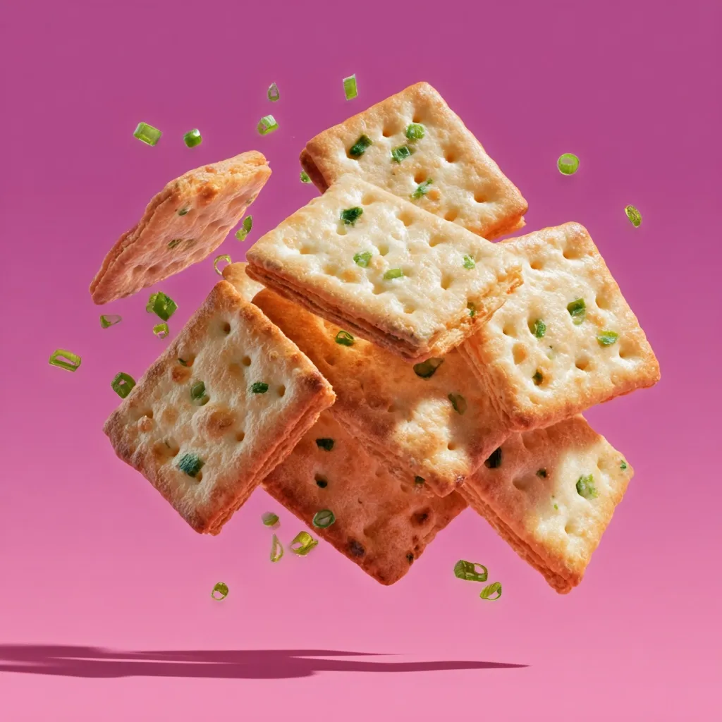 A cluster of square, crispy crackers, speckled with green onions, floats against a vibrant pink background.  Bits of chopped scallions are scattered around the crackers, adding to the dynamic, airborne composition. The crackers appear light and airy, suggesting a delicate texture.  The image is bright and cheerful, highlighting the snack's appetizing qualities.