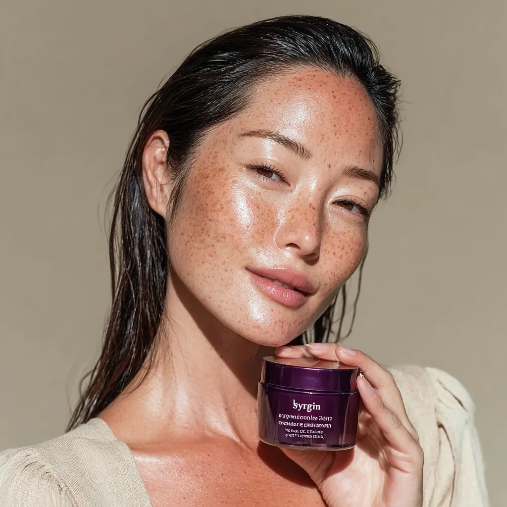 A woman with long, dark hair and freckles holds a jar of Syringin Eumelanin 24K Emulsion cream.  Her skin appears radiant and healthy.  The image is softly lit against a neutral beige background, highlighting the product and the model's complexion.  The overall aesthetic is clean, modern, and emphasizes natural beauty.