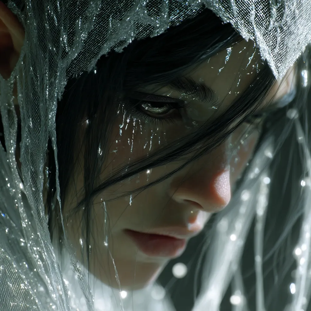 A close-up shot reveals a woman's face, partially obscured by a translucent, shimmering veil.  Her dark hair frames her face, wet with what seems to be water or glistening particles.  Her expression is serious, almost melancholic, her gaze downcast.  The image is dark, moody, and evocative, hinting at a fantasy or mystical setting.  Elfin ears are slightly visible.