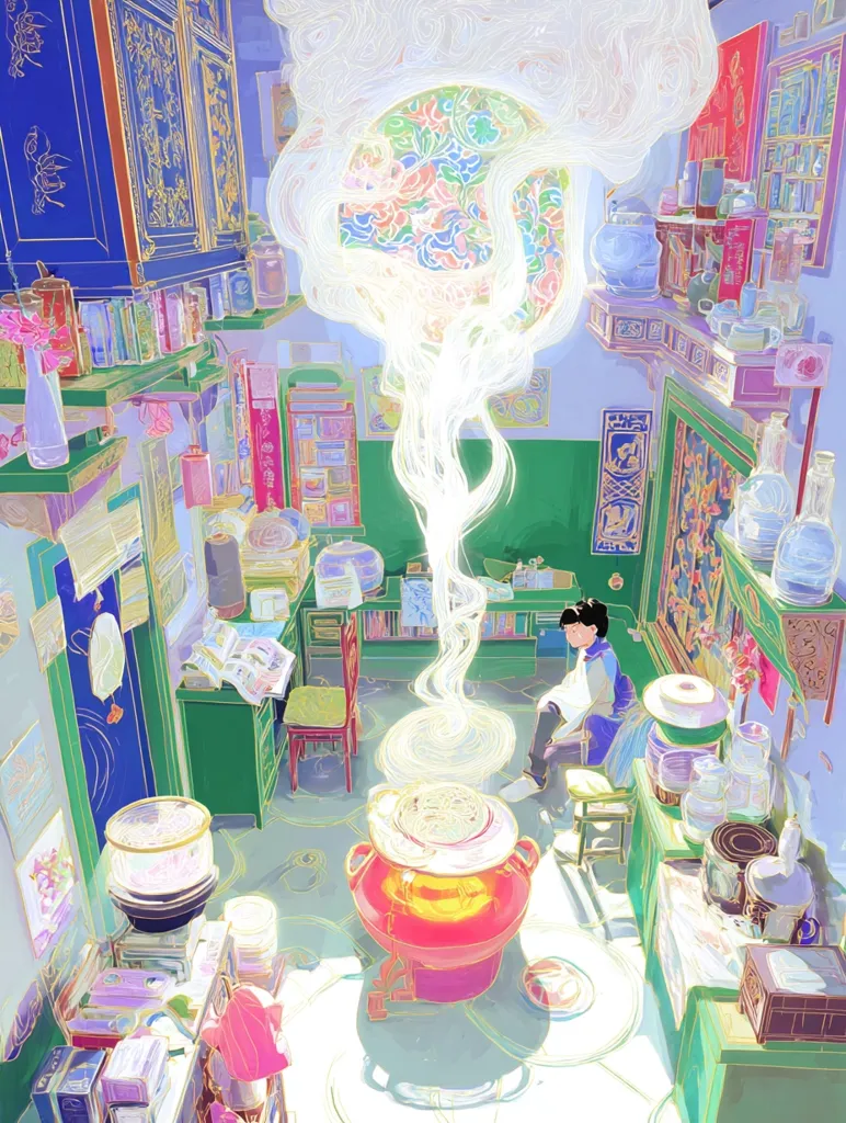 A vibrant, stylized illustration depicts a whimsical interior scene.  A young woman sits calmly in a brightly colored room overflowing with books, jars, and curious objects. A luminous, swirling vapor rises from a large, red pot at the center, bathed in sunlight.  The overall style is reminiscent of animation, with bold outlines and pastel hues creating a dreamy, almost surreal atmosphere.  The room's details are intricate and suggestive of an apothecary or antique shop.