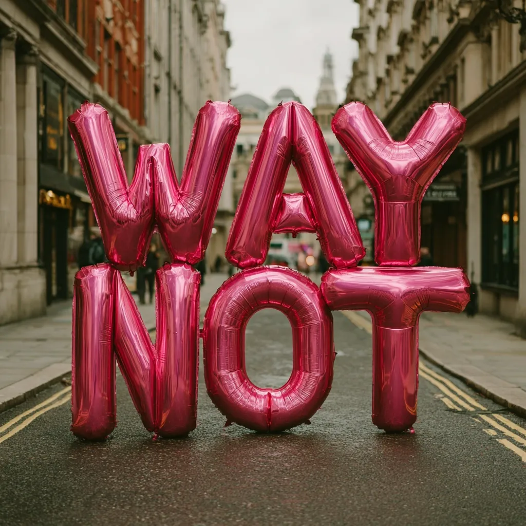 Large, rose-gold foil balloons spelling out "WAY NOT" are arranged on a city street. The balloons are the central focus, sharply in contrast to the blurred background of a London street, with classical architecture and overcast skies. The image evokes a sense of protest or statement, utilizing the juxtaposition of celebratory balloons with a serious message.