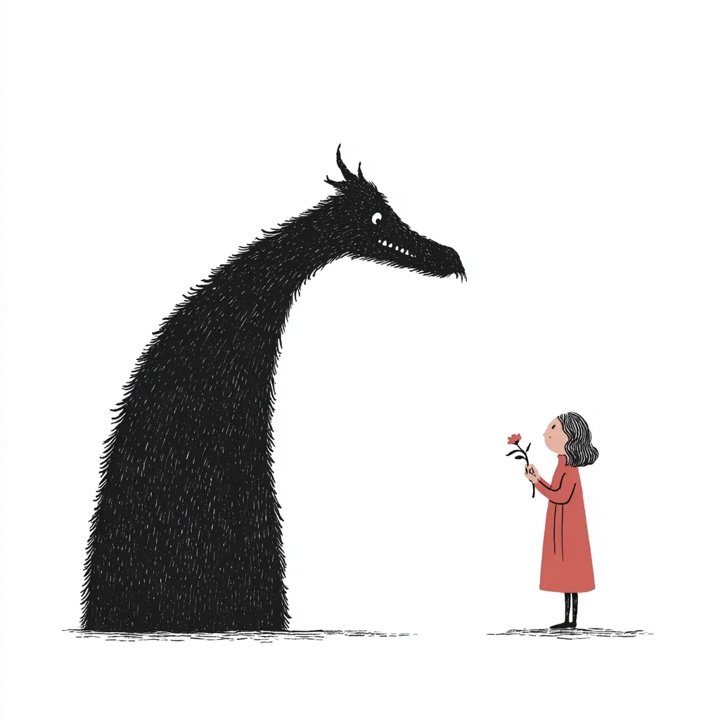 A minimalist illustration depicts a small girl in a red coat offering a single flower to a large, shadowy beast. The beast's design is simple yet menacing, contrasting with the girl's innocent gesture. The white background emphasizes the confrontation, suggesting a narrative of courage, vulnerability, or the taming of fear. The image's style is childlike yet evocative, hinting at a deeper story.
