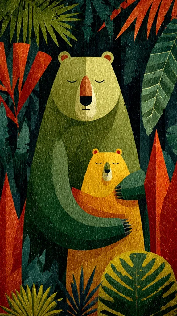A stylized illustration depicts a mother bear tenderly embracing her cub amidst a lush, tropical backdrop.  The bears are rendered in muted greens and oranges, their forms geometric yet soft.  The surrounding foliage is vibrant, with large, textured leaves in shades of green, orange, and red creating a dense jungle atmosphere.  The overall style is reminiscent of mid-century modern art with a textured, earthy feel.