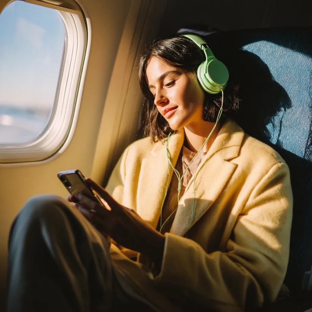A young woman sits by an airplane window, bathed in sunlight. She wears light green headphones and a yellow coat, attentively using her smartphone.  The scene is peaceful and suggests a calm journey.  She appears relaxed and content, enjoying her personal time during the flight.