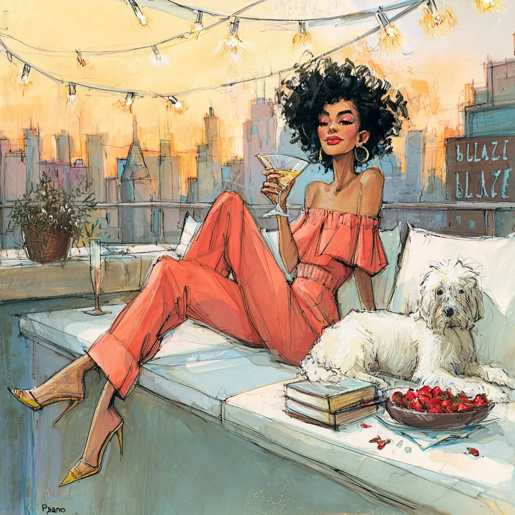 A stylish woman with an afro relaxes on a rooftop lounge, enjoying a cocktail as the sun sets over a cityscape.  She's dressed in a coral jumpsuit and gold heels, accompanied by a fluffy white dog.  String lights illuminate the scene, adding to the romantic ambiance.  A bowl of strawberries and a stack of books sit nearby. The overall style is vibrant and expressive.