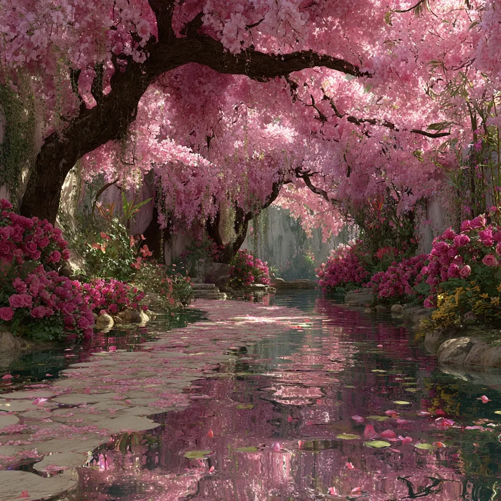 A serene digital artwork depicts a tranquil waterway meandering through a breathtaking garden.  Overhanging cherry blossom trees in full bloom create a pink canopy, their petals falling softly onto the calm water's surface.  Lush pink roses and vibrant greenery line the banks, reflected in the still pond, creating a dreamlike, idyllic scene.  The pathway appears paved with soft pink stones.
