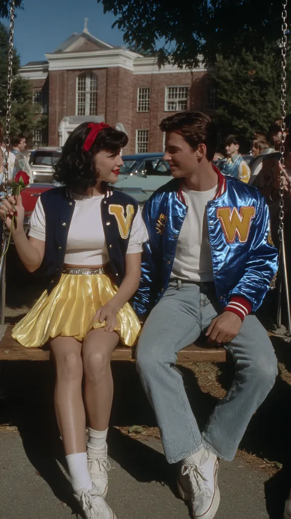 A young couple, dressed in 1950s-style attire, sits on a swing.  The girl wears a yellow pleated skirt and a varsity jacket, while the boy sports a blue varsity jacket and jeans.  They share a tender moment, holding a single red rose.  A brick school building forms the backdrop, suggesting a high school setting.  The scene is sun-drenched and evokes a nostalgic, romantic atmosphere.