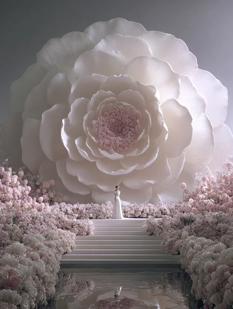 A bride in a flowing white gown stands on a pristine white staircase, bathed in soft light.  She is positioned before a colossal, sculpted paper flower, its delicate petals creating a breathtaking backdrop.  Surrounding the staircase are lush arrangements of pale pink flowers, mirroring the flower's gentle hue, creating a romantic and ethereal scene.  The overall effect is one of serene elegance and wedding-day splendor.