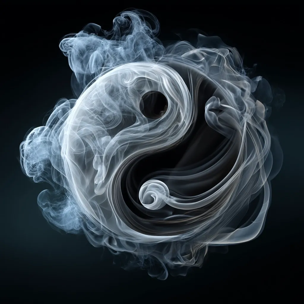 A yin and yang symbol is depicted as swirling smoke against a dark background.  The lighter smoke represents the yin, while darker shades form the yang.  The ethereal, flowing nature of the smoke visually represents the balance and harmony inherent in the concept of yin and yang, a fundamental principle in Taoist philosophy.  The image is visually striking and symbolic.