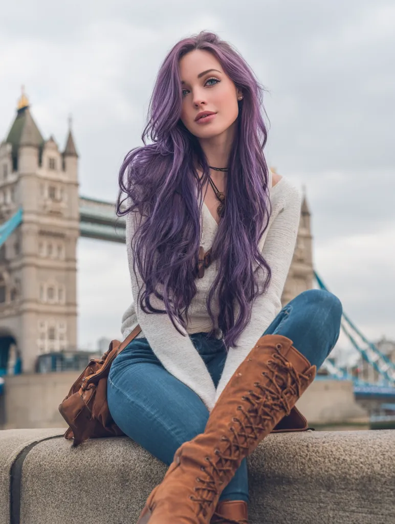 A young woman with long, vibrant purple hair sits on a wall, gazing at the camera. She's dressed in blue jeans, brown lace-up boots, and a cream-colored sweater.  A brown leather bag rests beside her.  Tower Bridge in London forms a blurred background, providing a picturesque urban setting.  The overall mood is stylish and confident.