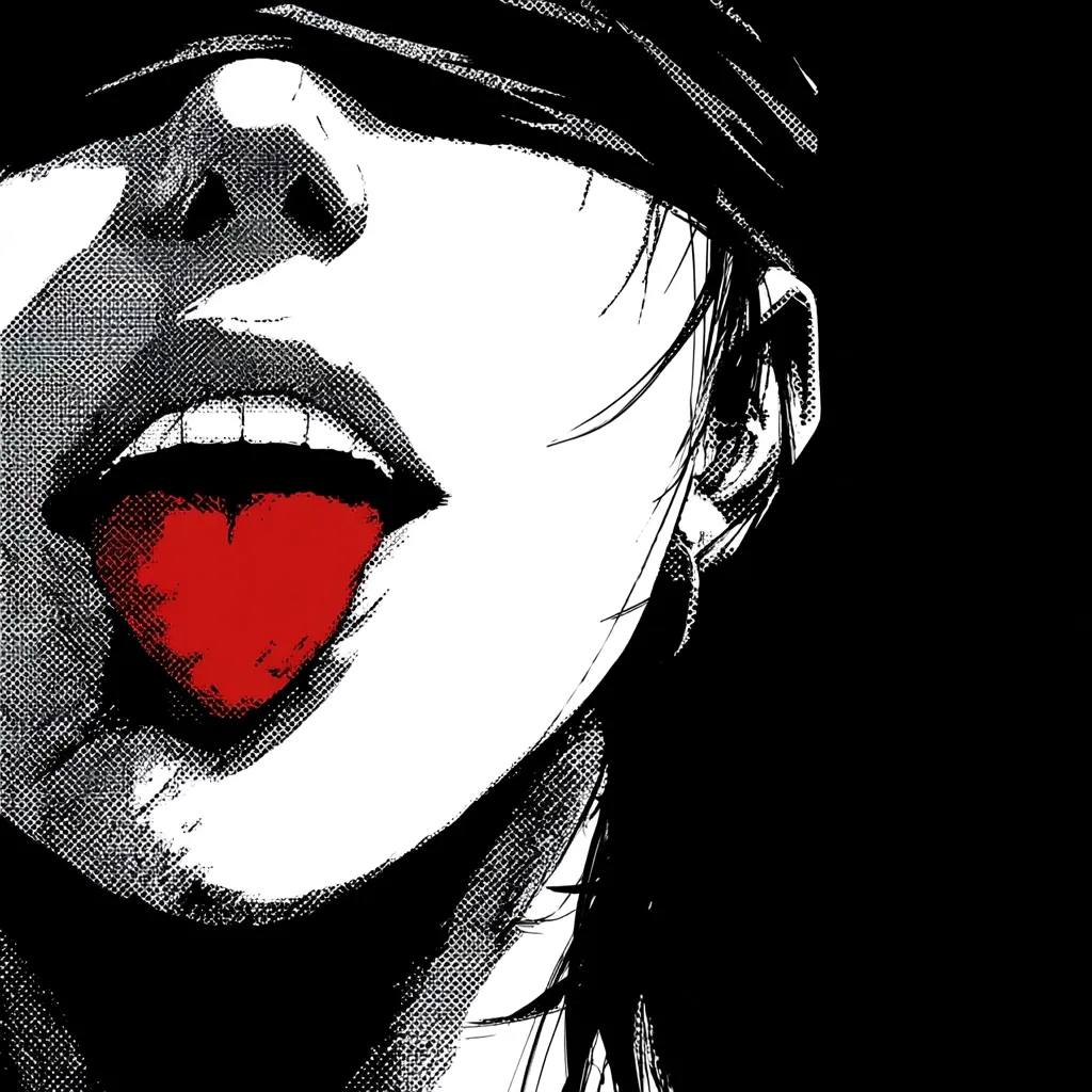A stylized black and white illustration of a woman's face. Her eyes are covered by a blindfold, and her mouth is open, revealing a red tongue shaped like a heart. The image has a bold, graphic quality, with contrasting black and white tones and a focus on texture. The overall impression is one of sensuality and mystery.