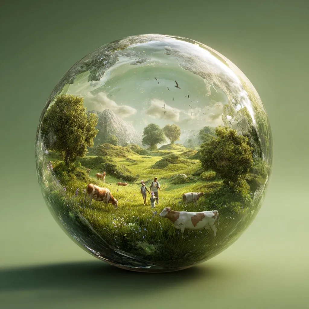 A family strolls through an idyllic pastoral scene encapsulated within a transparent sphere resembling the Earth.  Rolling green hills, lush meadows dotted with grazing cows, and birds in flight create a tranquil, almost utopian landscape. The scene suggests a harmonious coexistence between nature and humanity, emphasizing environmental preservation and sustainability. The glass sphere enhances the feeling of fragility and the importance of protecting this precious ecosystem.