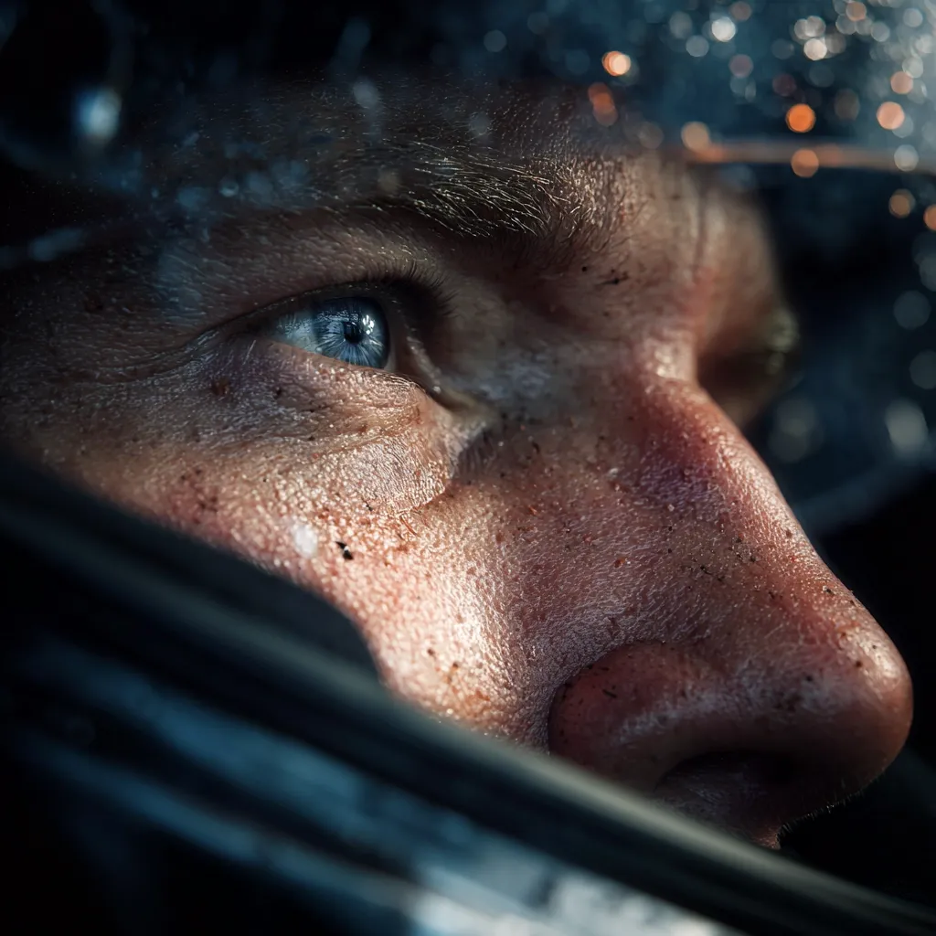 A close-up shot reveals a man's face, partially obscured by a helmet's visor, speckled with dirt and water droplets.  His blue eye is visible, conveying a sense of intensity and focus.  The overall mood is gritty and dramatic, suggesting a scene of action or intense exertion.  The image's darkness emphasizes the man's determined gaze.