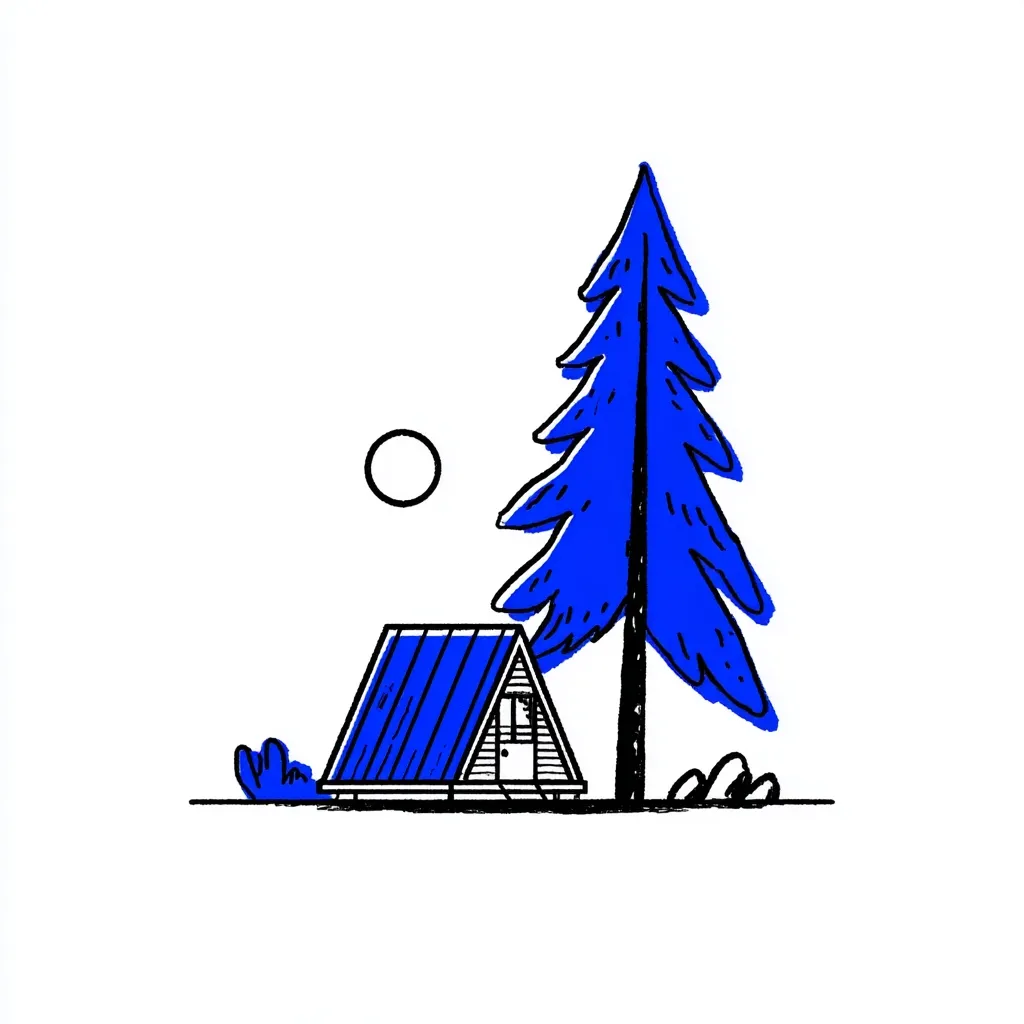 A minimalist illustration depicts a blue A-frame cabin nestled beside a vibrant blue evergreen tree.  A simple, white circle suggesting the sun or moon hangs in the sky.  The style is hand-drawn, with bold black outlines and a clean, bright color palette. The scene evokes a sense of peaceful solitude in nature.