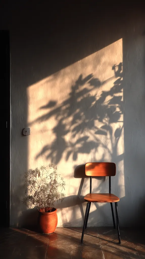 Sunlight streams through a window, casting the shadow of a leafy plant onto a light beige wall.  A simple wooden chair with black metal legs sits beneath the shadow, next to a terracotta pot containing dried flowers. The scene is peaceful and minimalist, highlighting the interplay of light and shadow in a quiet interior space. The floor is a dark stone tile.