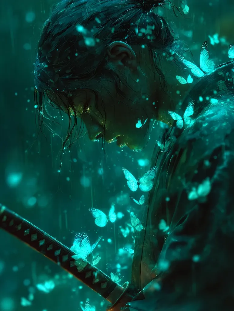 A digital painting depicts a lone figure, possibly a samurai, with long dark hair and wet skin, bowed in sorrow.  They hold a katana, its hilt partially visible.  Surrounding them, luminous teal butterflies flutter in a dark, watery atmosphere, creating an ethereal and melancholic scene. The overall mood is one of serene sadness and mystery.