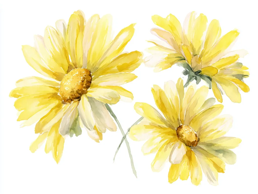 A watercolor painting showcases three vibrant yellow daisies against a stark white background.  The daisies are depicted with varying degrees of openness, their petals exhibiting delicate shading and subtle variations in color.  The artist captures the soft, almost translucent quality of the petals, and the stems are suggested rather than explicitly detailed, emphasizing the floral forms. The overall effect is one of gentle beauty and springtime freshness.