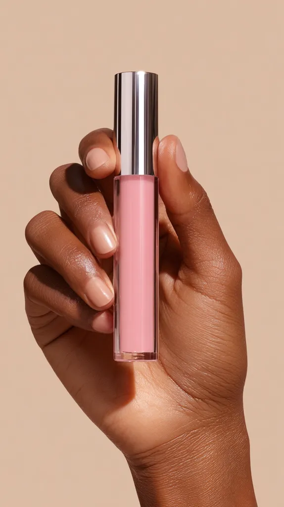 A hand with neatly manicured nails holds a tube of light pink lip gloss. The gloss is in a clear tube with a silver cap. The background is a muted beige. The image is well-lit and focuses on the product and the hand holding it, highlighting the gloss's color and texture.  The overall aesthetic is clean, simple, and elegant.