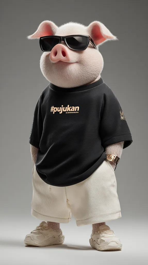 A 3D-rendered pig, sporting black sunglasses, a black t-shirt with "#pujukan" printed on it, cream-colored shorts, and beige sneakers.  The pig's expression is cool and relaxed, conveying a stylish and trendy vibe.  The image is professionally lit and has a clean background, highlighting the character's fashionable attire.