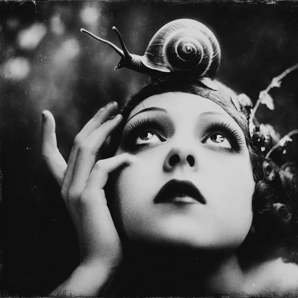 A captivating monochrome portrait showcases a woman with a snail delicately perched atop her head. Her gaze is directed upward, her hand gently resting against her face.  The image is styled with a vintage, almost surreal, aesthetic, emphasized by the textured background and dramatic lighting.  The contrast between the woman's elegant features and the unexpected snail creates a striking and memorable composition.
