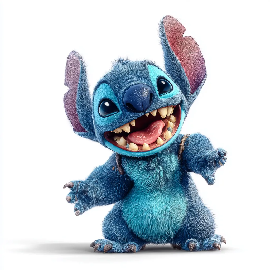 A cheerful, 3D-rendered Stitch, the blue alien from Disney's Lilo & Stitch, is depicted.  He's shown with a wide, toothy grin and outstretched arms, conveying a playful and welcoming demeanor.  His fur is realistically textured, and his large ears stand out. Stitch appears friendly and happy, ready to interact.