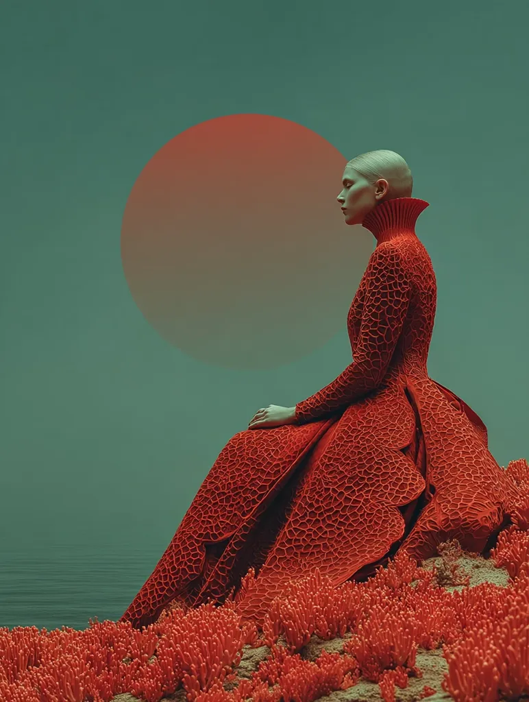 A bald woman in a textured, coral-red gown sits serenely by the ocean. The dress's intricate pattern mimics the surrounding red coral.  A large, hazy orange sun hangs in the muted teal sky, creating a surreal and dreamlike atmosphere. The scene evokes a sense of quiet contemplation and otherworldly beauty.