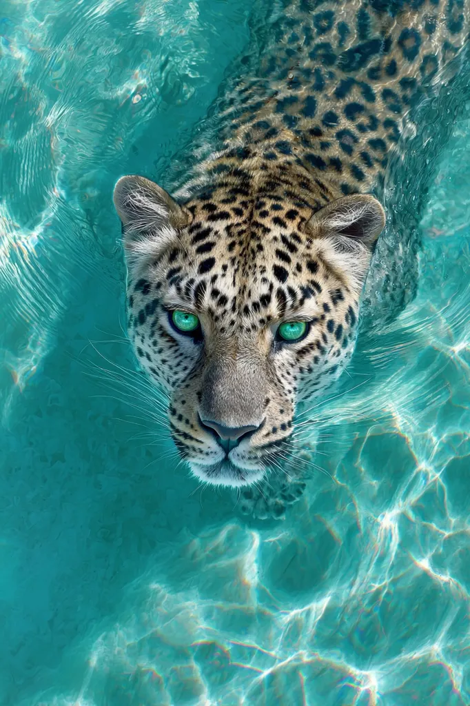 A leopard with striking emerald green eyes emerges from teal water. Its spotted coat is partially submerged, creating a mesmerizing contrast against the shimmering surface.  The leopard's gaze is intense, directly engaging the viewer. The scene is serene yet powerful, showcasing the animal's grace and beauty in an unusual aquatic setting.