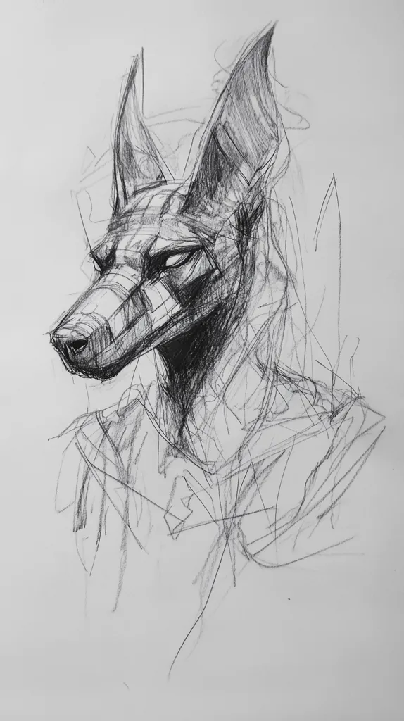A pencil sketch depicts a stylized Anubis, the ancient Egyptian jackal-headed god.  The drawing is detailed in the head and shoulders, with expressive eyes and a textured depiction of the fur.  Loose, sketchy lines surround the figure, suggesting a work in progress or a deliberate artistic choice emphasizing movement and form.  The overall tone is dark and brooding, capturing the deity's often somber representation.