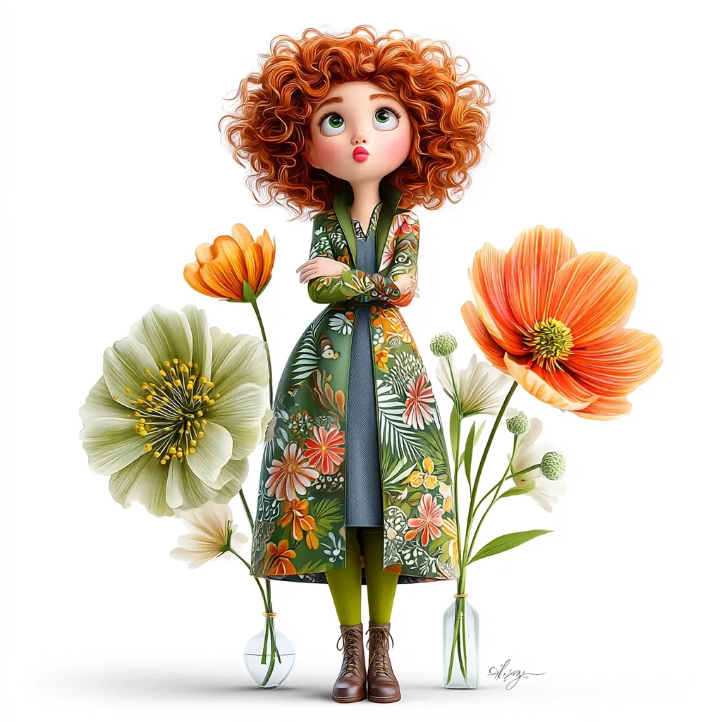 A charming cartoon girl with vibrant red curly hair stands amidst a bouquet of colorful flowers.  She wears a long, floral-print coat over a simple dress and green tights, her arms crossed thoughtfully.  The girl gazes upward, creating a whimsical and hopeful scene.  The flowers, in various shades of orange, green, and white, are displayed in clear glass vases at her feet, adding to the overall delicate aesthetic.