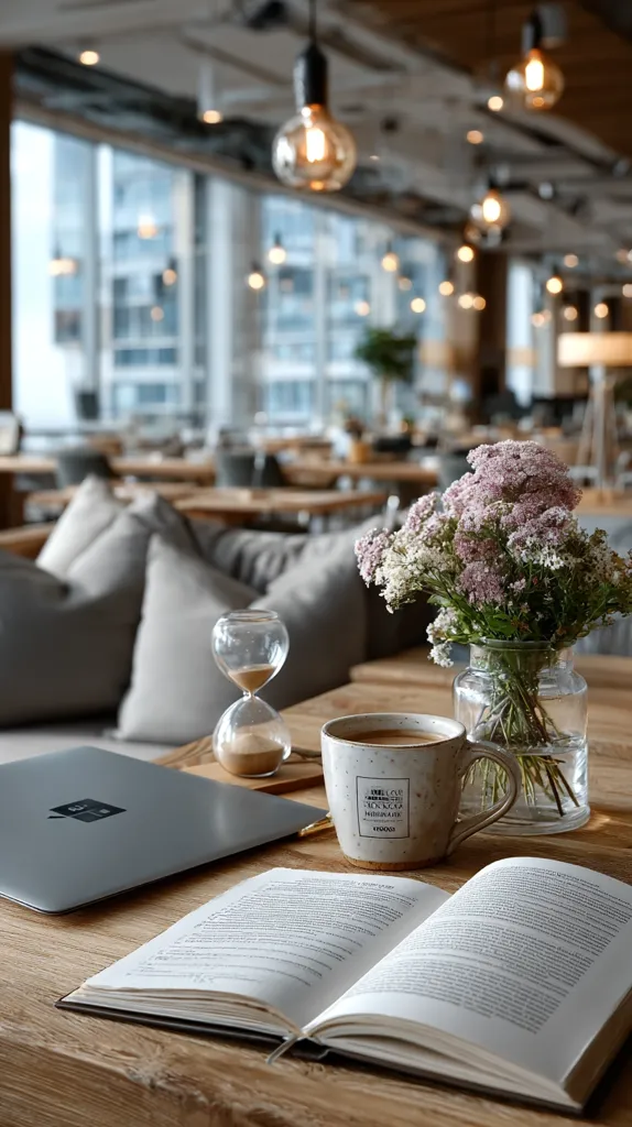 A cozy cafe scene is depicted, featuring a wooden table with a laptop, open book, coffee mug, hourglass, and a vase of wildflowers.  The background showcases a bright, modern cafe with large windows and soft lighting. The overall ambiance is calm and inviting, perfect for relaxation and work.  The neutral color palette enhances the serene mood.