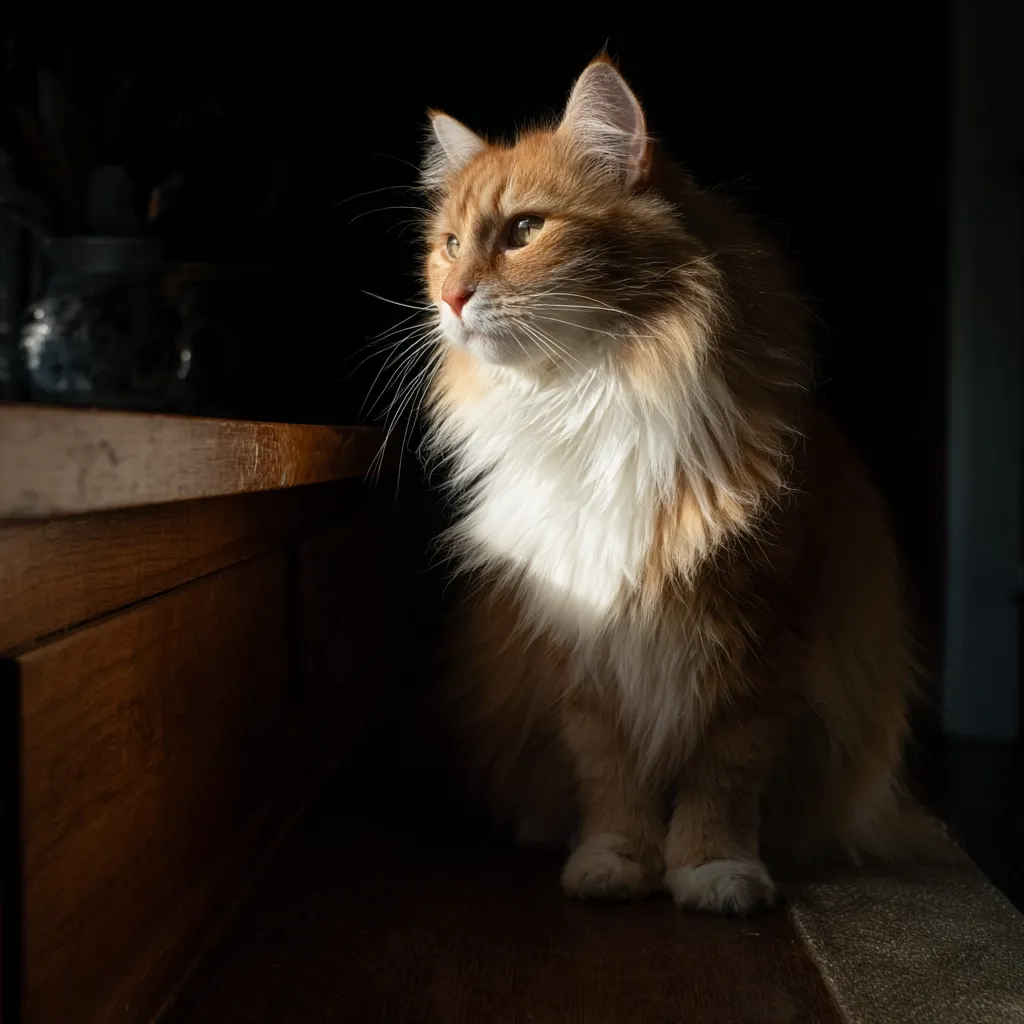 A long-haired ginger cat sits on a dark wooden surface, bathed in a sunbeam.  Its white chest fur contrasts with its orange coat.  The cat gazes intently off to the side, its expression serene and alert.  The background is mostly dark, drawing focus to the illuminated feline. The scene is quiet and contemplative.