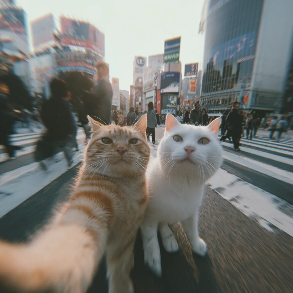 A ginger cat and a white cat take a selfie in a busy Japanese street.  The background is a blurred cityscape with bright signs and pedestrians crossing a road. The cats are in sharp focus in the foreground, appearing to hold a camera and look directly at the viewer. The image has a vintage, slightly motion-blurred effect.