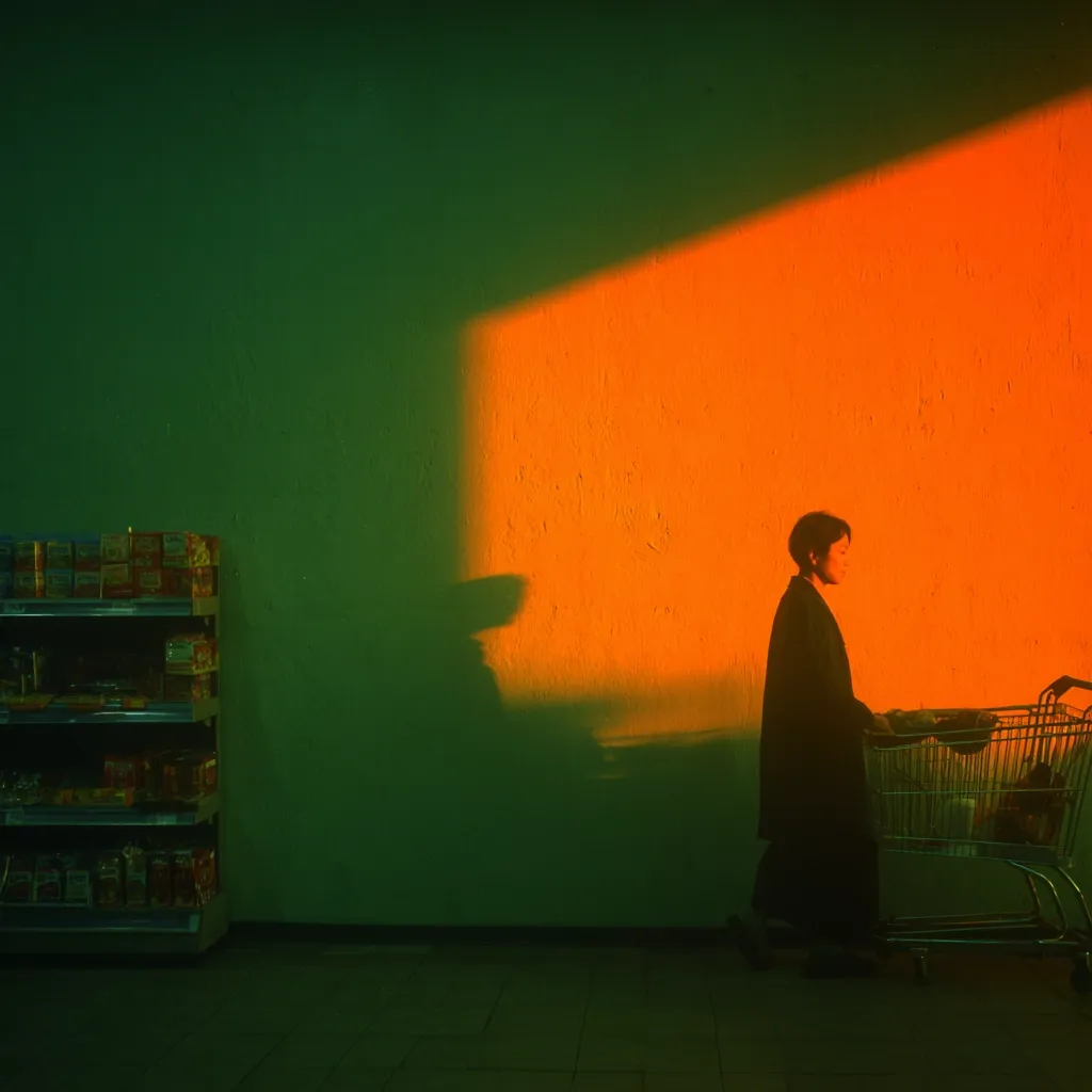 A person with short hair pushes a shopping cart along a wall bathed in vibrant orange sunlight.  The wall is split into two distinct sections; a green-toned area and a bright orange area illuminated by the setting sun. A shelf stocked with various items is visible in the green section of the wall, adding to the contrasting scene.  The overall atmosphere is moody and evocative.