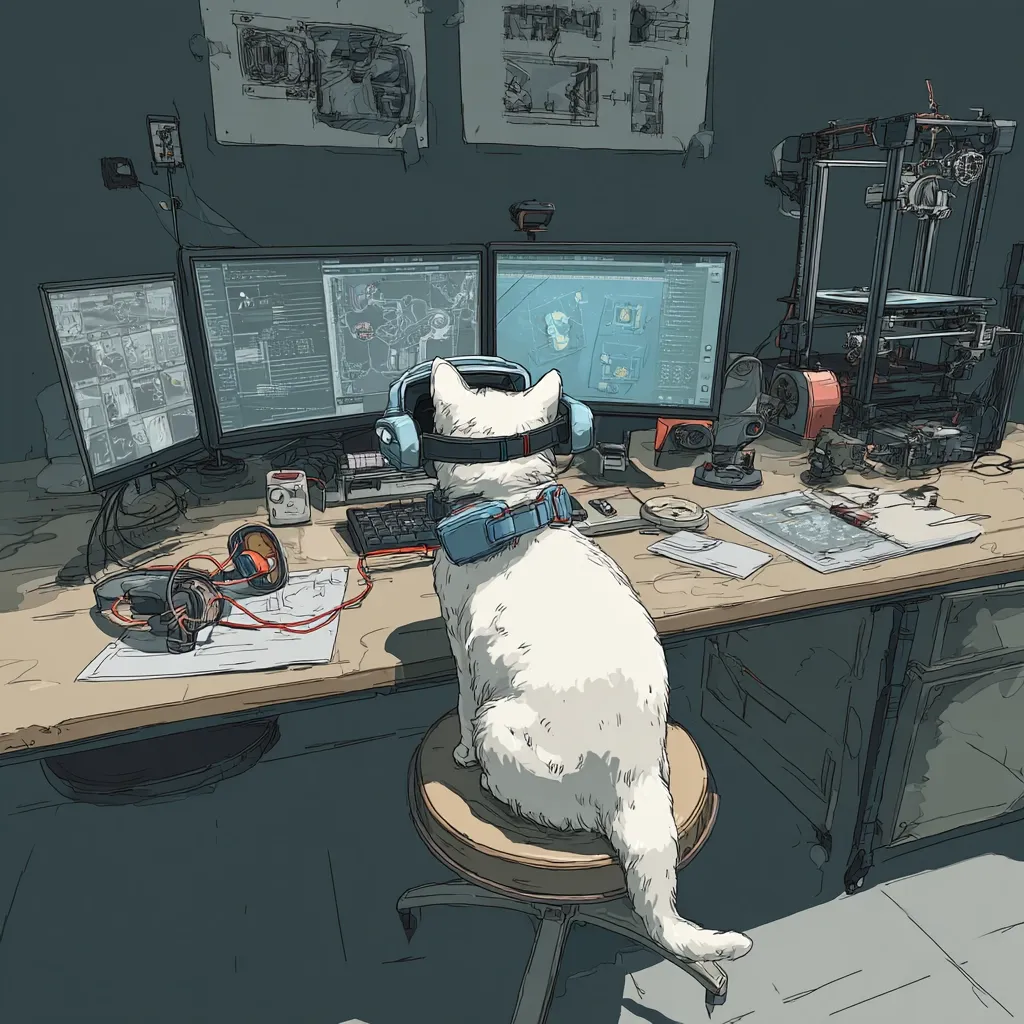 A white cat sits on a stool at a cluttered desk, wearing headphones.  Multiple computer monitors display technical designs.  A 3D printer sits in the background, adding to the tech-filled workspace.  Papers and tools are scattered across the desk, creating a scene of creative technological work. The overall style is a digital illustration with a slightly muted color palette.