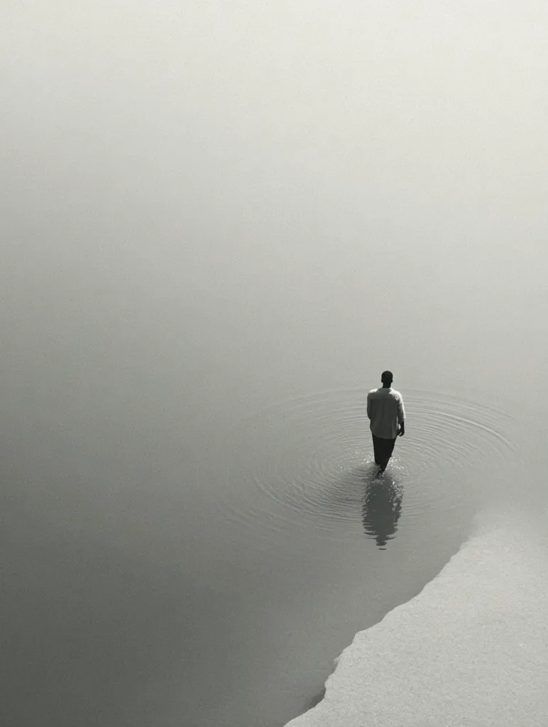 A solitary figure walks away from the viewer into a calm body of water, the ripples spreading behind them. The scene is monochromatic, with muted grays dominating the image.  A portion of the water is frozen, creating a stark contrast between the liquid and solid states.  The atmosphere is serene yet melancholic, emphasizing isolation and contemplation.
