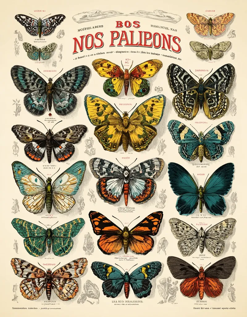 A vintage botanical chart showcases a diverse collection of butterflies.  Each butterfly is meticulously illustrated with vibrant colors and detailed markings, accompanied by its scientific name and potentially a brief description. The chart's aesthetic is reminiscent of antique natural history prints, using a cream-colored background to highlight the colorful insects.  The title, "Bos Nos Palipons," is prominently displayed at the top.