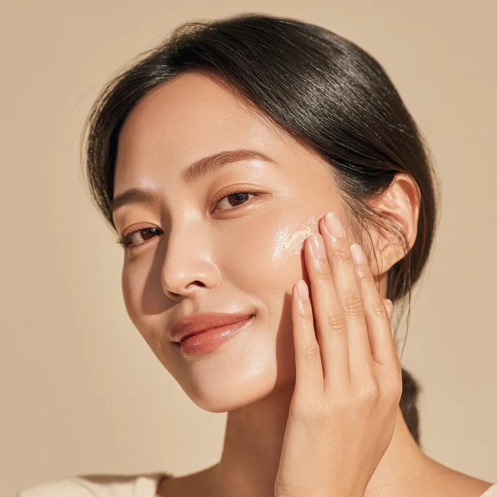 Close-up of a young woman with dark hair applying a cream or lotion to her face.  She has a gentle smile and her skin appears smooth and radiant.  The image is softly lit against a neutral beige background, creating a clean and minimalist aesthetic. The focus is on the application of the product and the woman's glowing complexion.