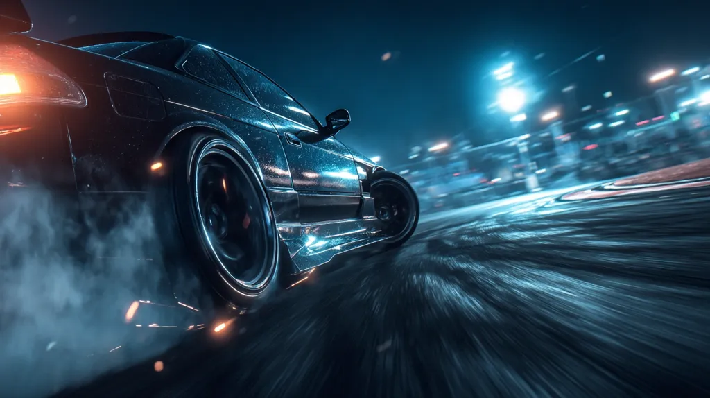 A sleek, dark-colored sports car executes a dramatic drift at night on a race track.  The car is wet, reflecting city lights, and leaving a trail of tire smoke. The motion blur emphasizes the speed and dynamic nature of the scene, creating a sense of excitement and energy.  Bright lights from the surrounding city illuminate the track and the car.