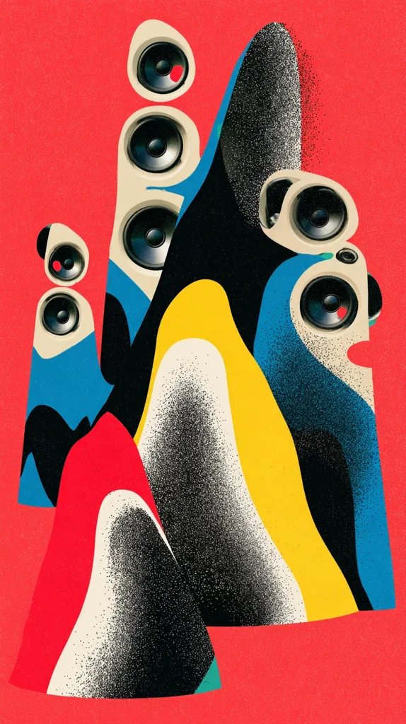 A vibrant abstract illustration features stylized mountains layered against a red backdrop.  Each mountain incorporates sections of bold colors – red, yellow, blue, and black – overlaid with a speckled texture.  Integrated into the mountain forms are clusters of speakers, suggesting a fusion of natural landscapes and sound technology. The overall effect is energetic and visually striking.