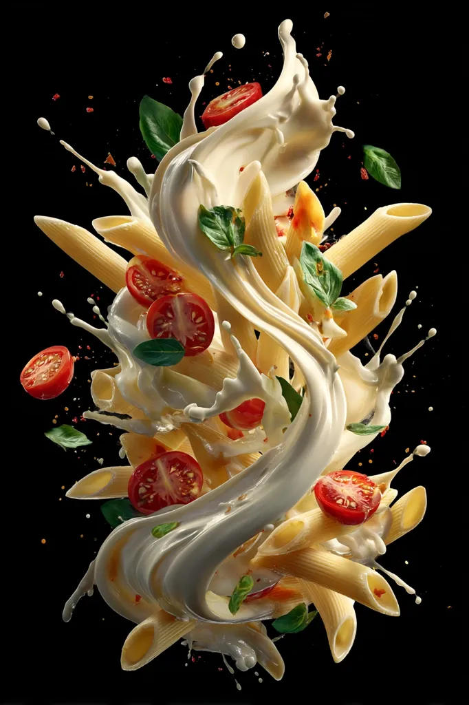 A dynamic splash of creamy sauce envelops penne pasta, cherry tomatoes, and basil leaves against a black background.  The image is a vibrant depiction of a pasta dish mid-air, showcasing the ingredients in a visually arresting, action-packed composition.  The creamy texture contrasts sharply with the bright red tomatoes and green basil, creating a visually appealing food photograph.